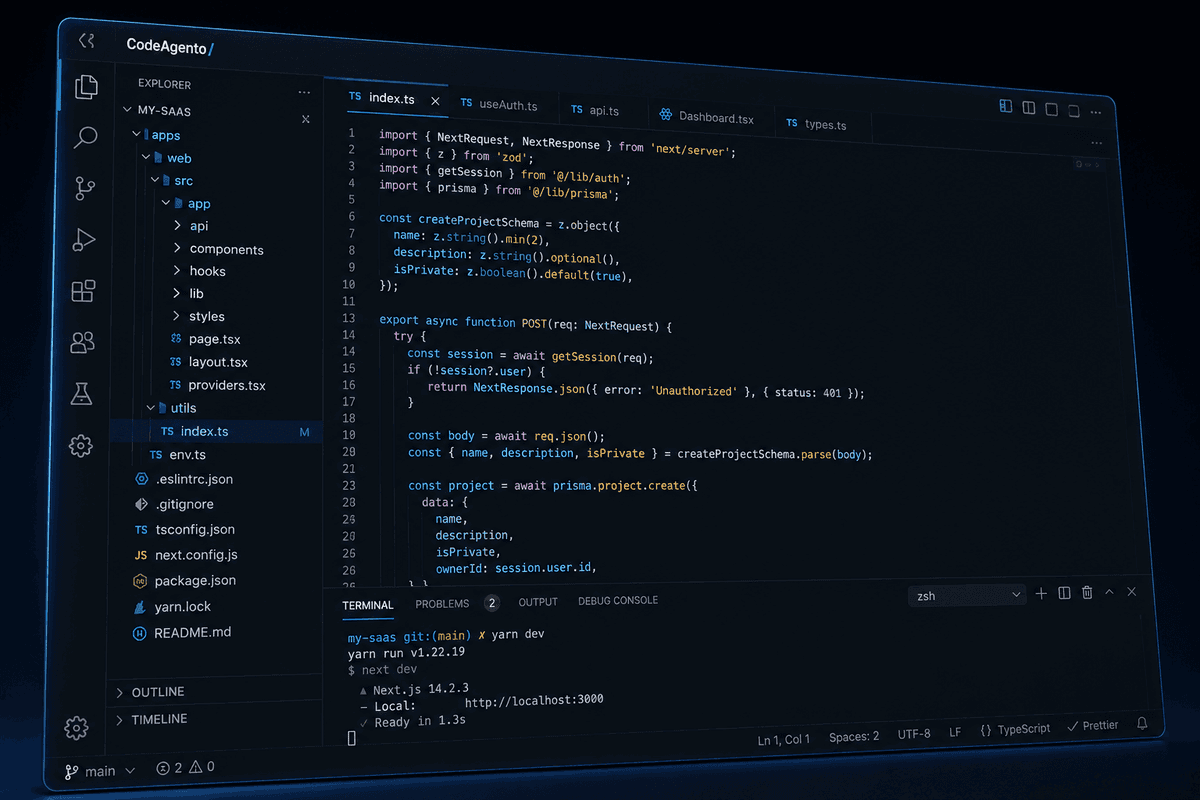 CodeAgento Core IDE, terminal, editor, and Git
