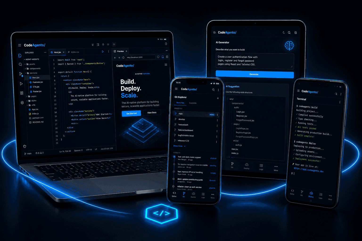 CodeAgento product demo showing AI code generation, real terminal, and Monaco editor in a cloud IDE